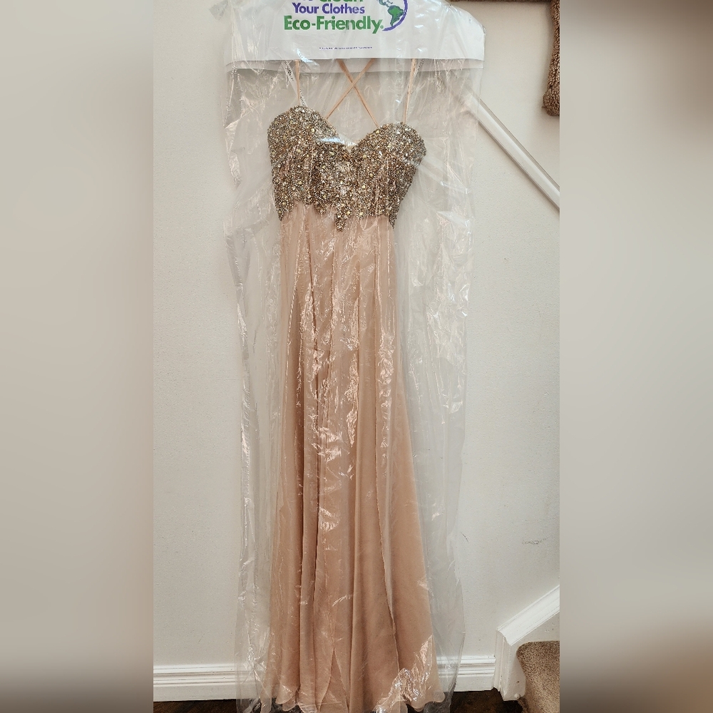 Jovani 81120 Blush Peach Beaded Chiffon Formal Gown | Crystal Bodice | Gala 6 - Picture 4 of 16